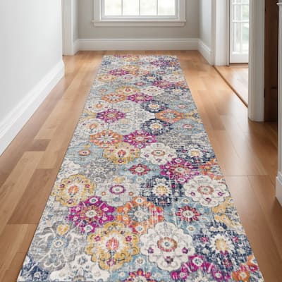 HomeRoots Floral Medallion Mid-Century Runner Area Rug - 168 in. x 27 in. x 0.4 in.