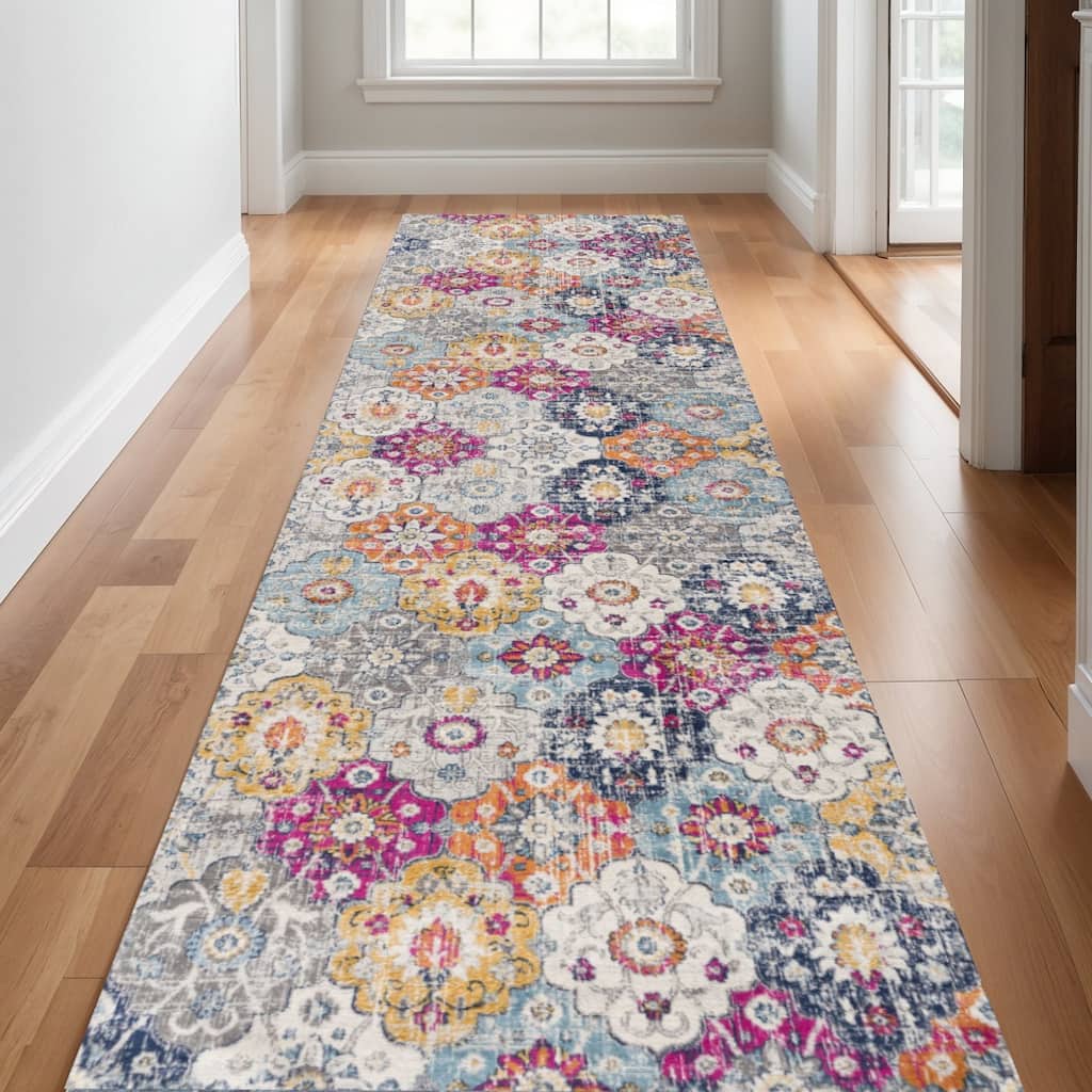 HomeRoots Floral Medallion Mid-Century Runner Area Rug - 132 in. x 27 in. x 0.4 in.