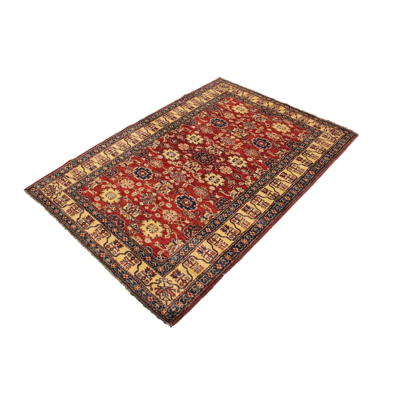 Rustic Super Kazak Amari Red/Beige Hand Knotted Wool Rug - 4'1'' x 5'10''