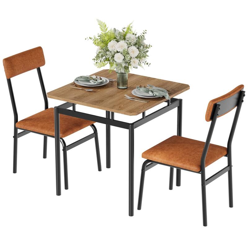 3 Piece Dining Table Set, with 2 PU Upholstered Chair - Brown