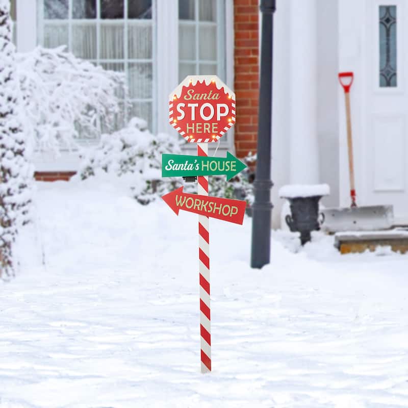 Glitzhome Christmas Lighted Wooden Santa Stop Here Yard Stake Outdoor Decor - Candy Cane