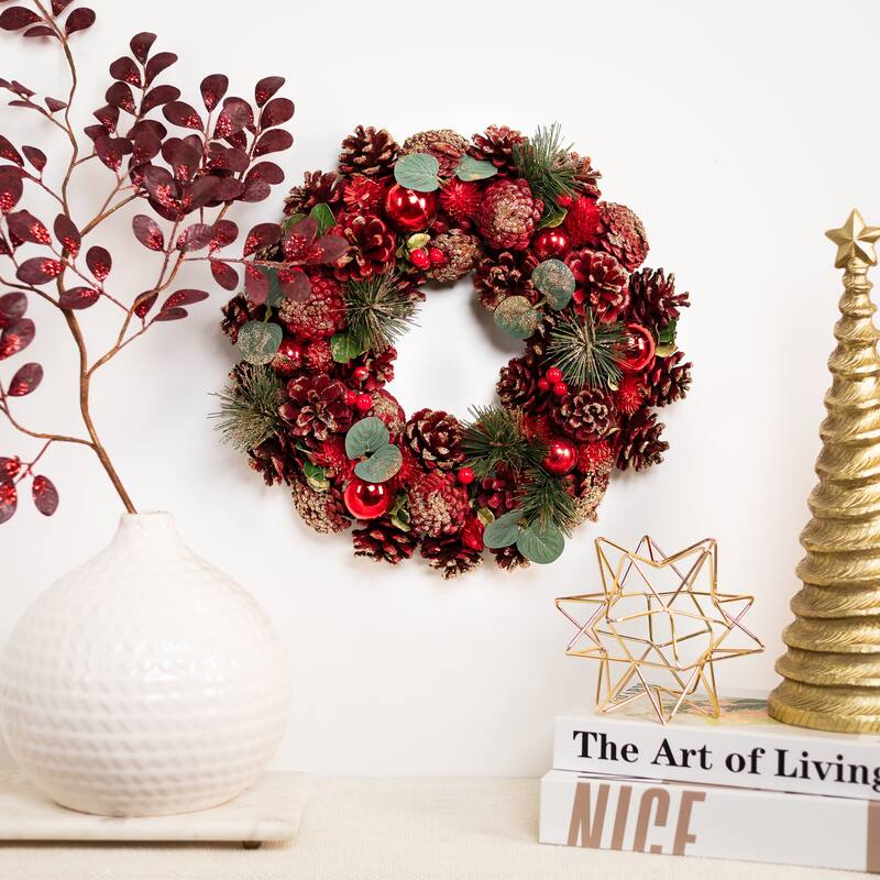 Pinecone, Berry and Ball Ornament Glittered Artificial Christmas Wreath - 13" - Unlit