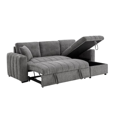 Seraphina 101"W Gray Chenille Fabric Reversible Sleeper Sectional Sofa w/Storage Chaise, Cupholders, USB Port, Throw Pillows