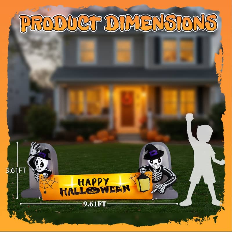 Outdoor Halloween Inflatable Banner 9.6 ft with Glowing LED Skeletons Tombstone Decoration