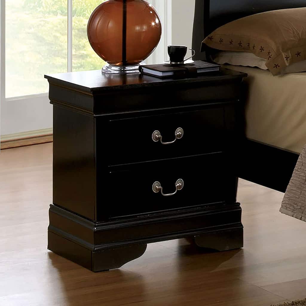 Black Solid Wood Nightstand with Antique Brass Pulls and Drawers