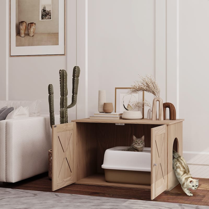 PawHut Cat Litter Box Enclosure, Hidden Cat Litter Box Furniture with Ventilated Door, Cat Hole, Walnut
