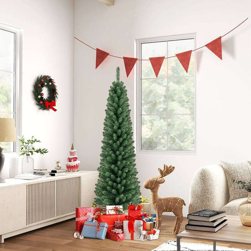 Gymax 5/6 FT Pencil Christmas Tree Artificial Xmas Tree w/ 295/392 - See Details - 5 Foot