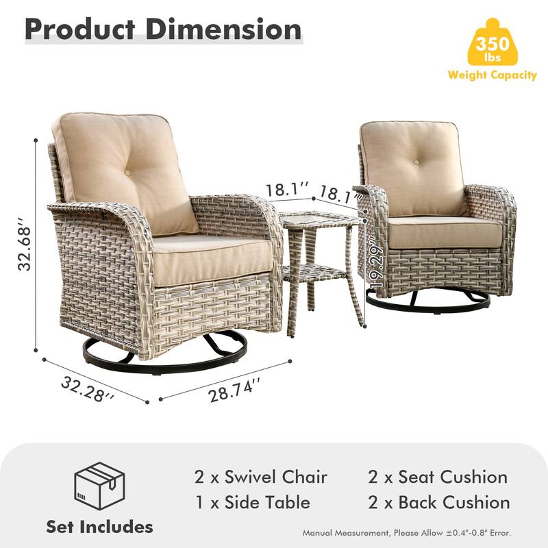 HOOOWOOO 3-piece Outdoor Patio Wicker Rattan High Back Swivel Chair Set