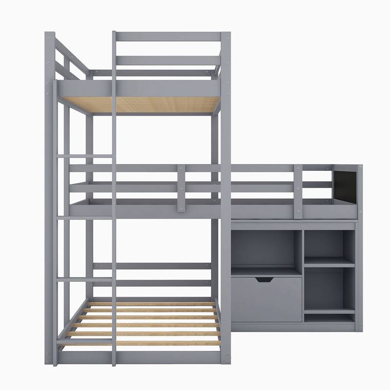 Twin Size Wood Lshaped Triple Bunk Bed with Storage Ladder