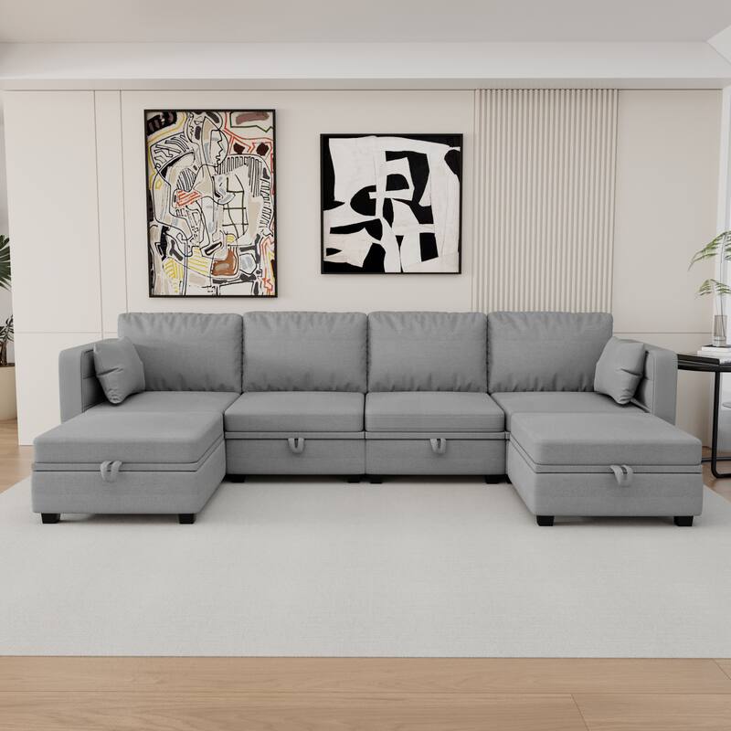 6-Seat U-Shaped Modular Reversible Sectional Sofa with Storage Ottoman