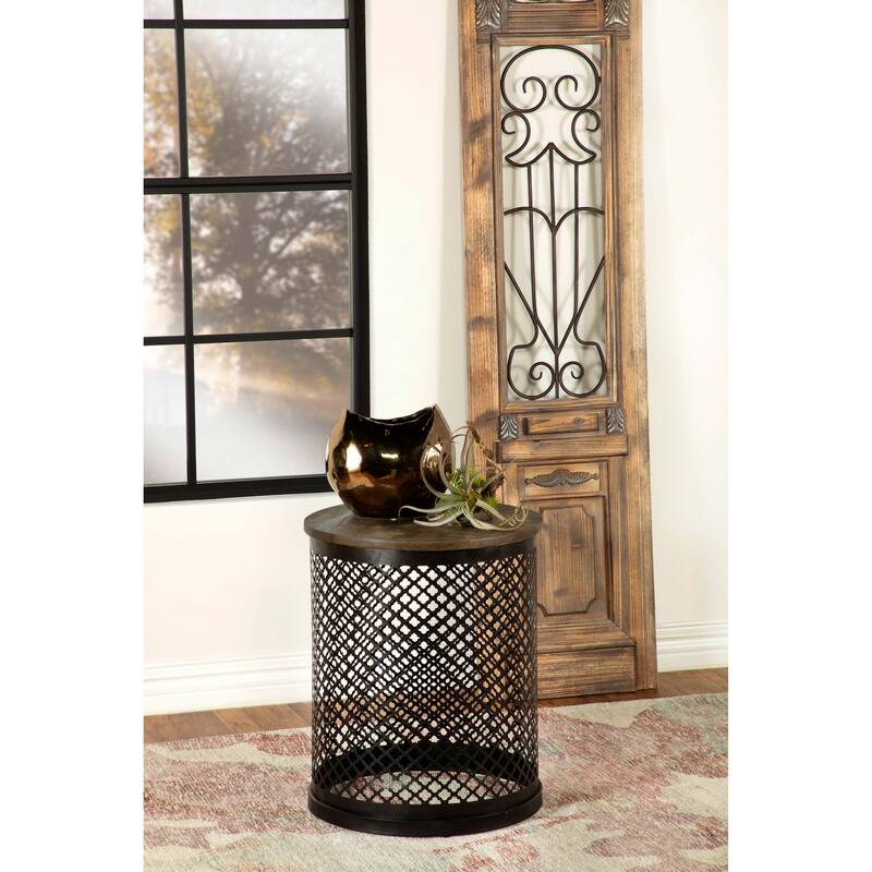 Round Accent Table with Drum Base Natural and Black