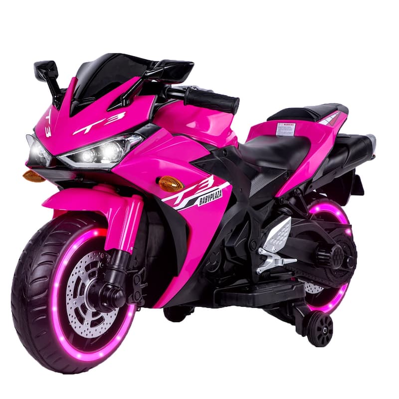 Electric Motorcycle with LED Display, Pink Children's Ride-On Motorcycle with Illuminated Tires, Child Carriage with Handle