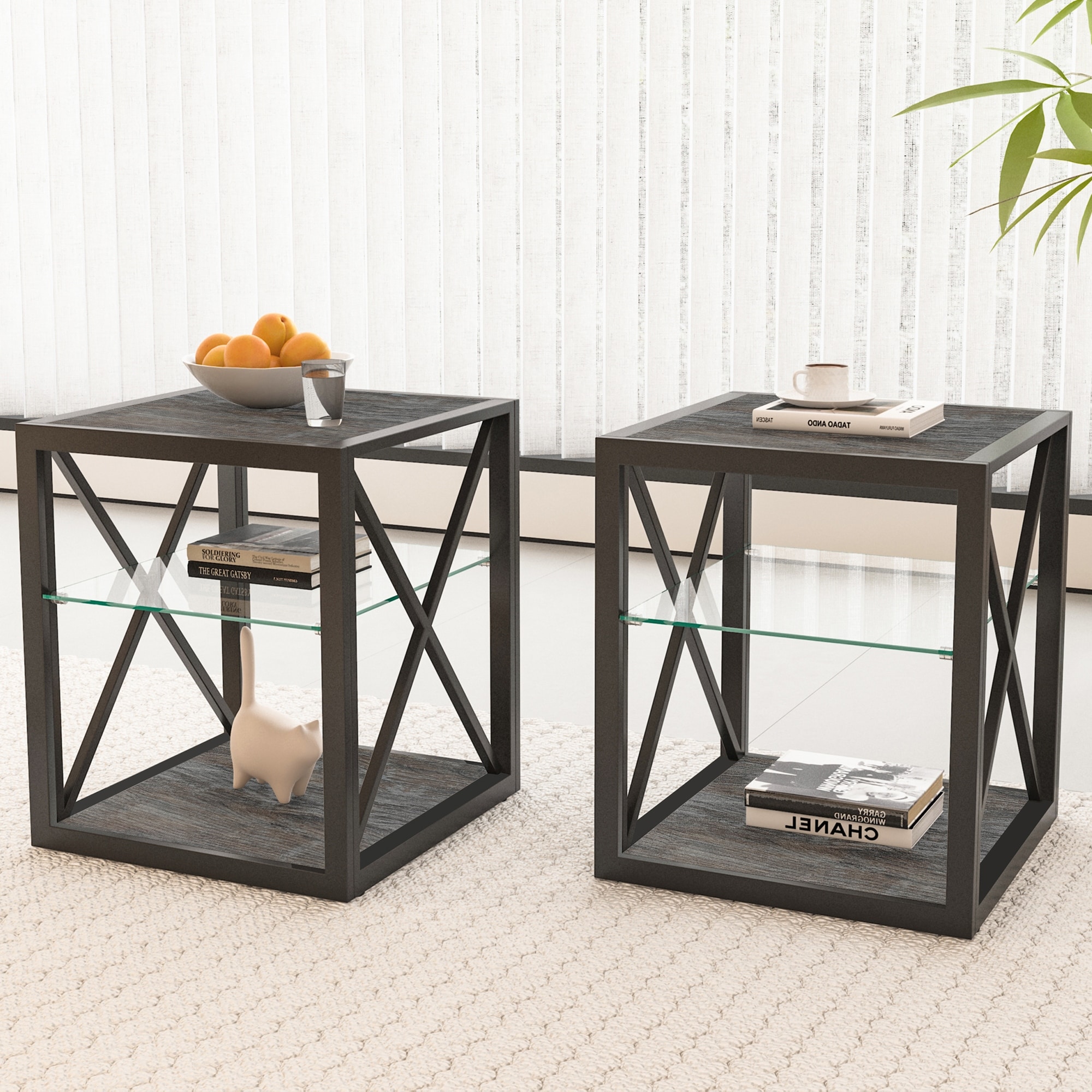 Set Of 2 Modern End Table Nightstand, Tempered Glass&Rustic Wood Grain Mdf,Industrial Style Side Table