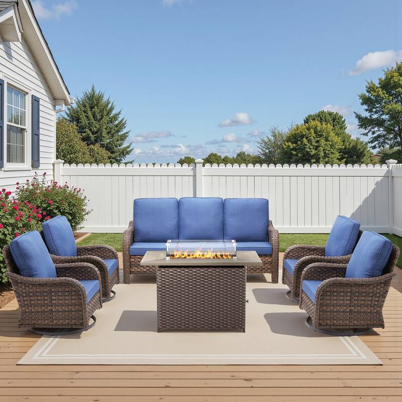 Pocassy Patio Sofa Swivel Chairs with Fire Table Funiture Set - Blue Cushion - Brown Wicker - 6-Piece Sofa Swivel Chair with Fire Pit Table