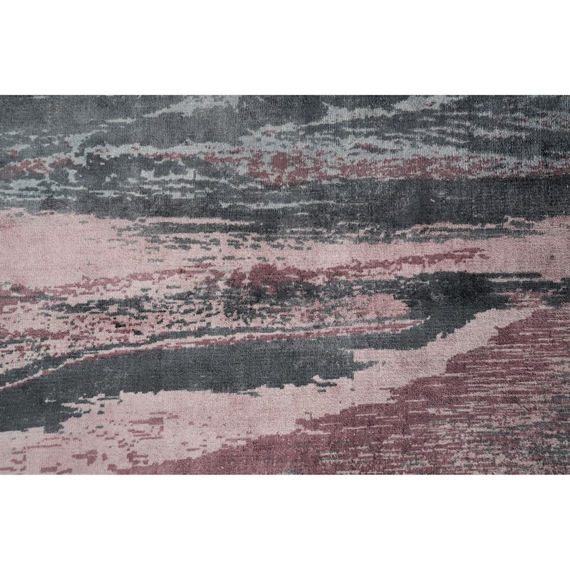 Hand Knotted Oriental Viscose Silk Carpet Modern Pictorial Pink Abstract Area Rug - 7' 8'' X 5' 6''