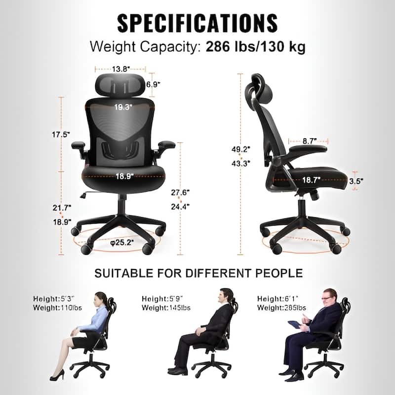 Black Ergonomic Mesh Office Chair 286 lbs Capacity w/ Headrest