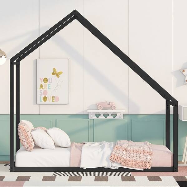 slide 2 of 8, Minimal Design Metal Twin House Bed for Kids Black