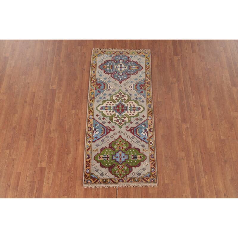 Gray Geometric Kazak Oriental Accent Rug Handmade Wool Carpet - 2'7"x 5'11"