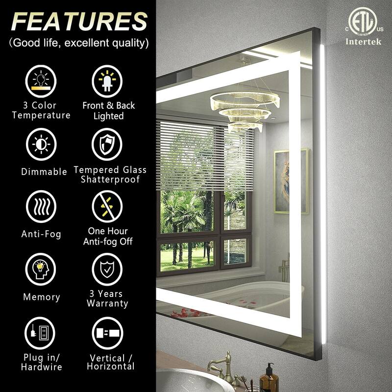 KIOTEE Black Metal Frame Front & Back LED Lighted Anti-Fog Tempered Glass Bathroom Vanity Mirror with ETL and 3 Years Warranty