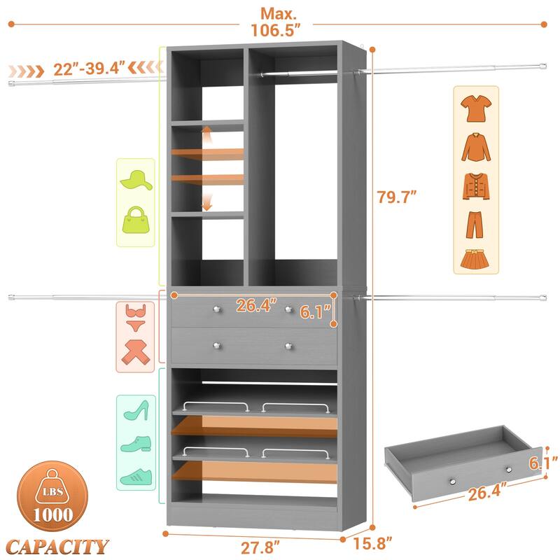 Closet Organizer with 5 Hanging Rods and 2 Drawers, Adjustable Closet System with Shelves and Shoe Rack