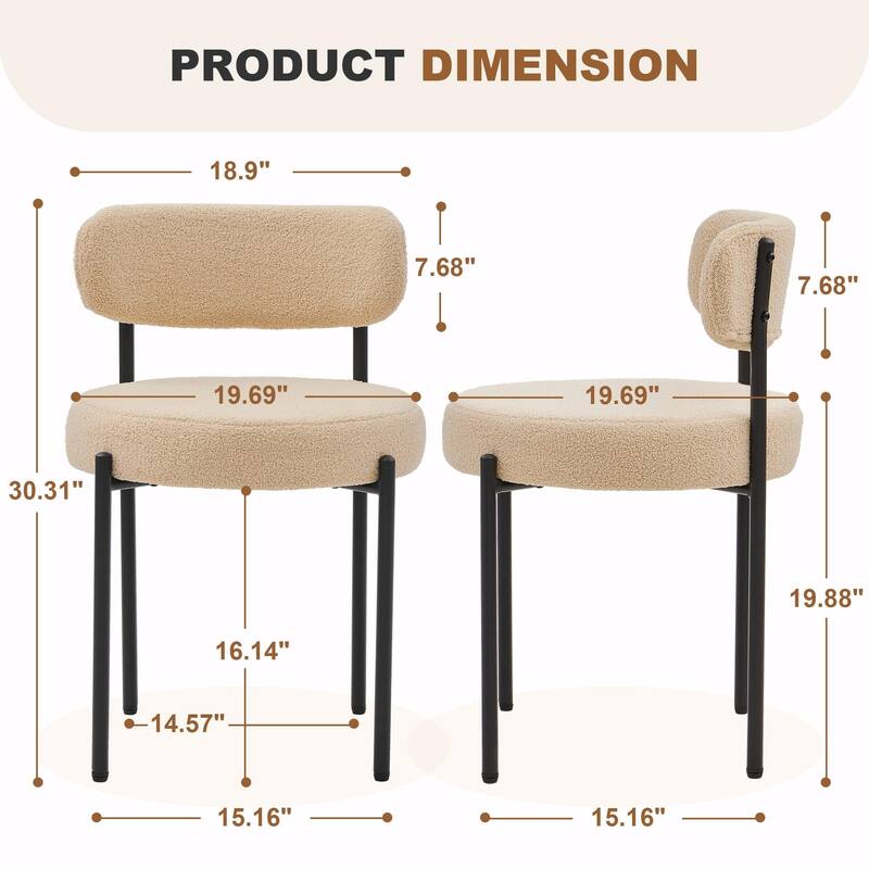 Set of 2 Modern Dining Chairs -Boucle Upholstery, Curved Backrest & Black Metal Legs
