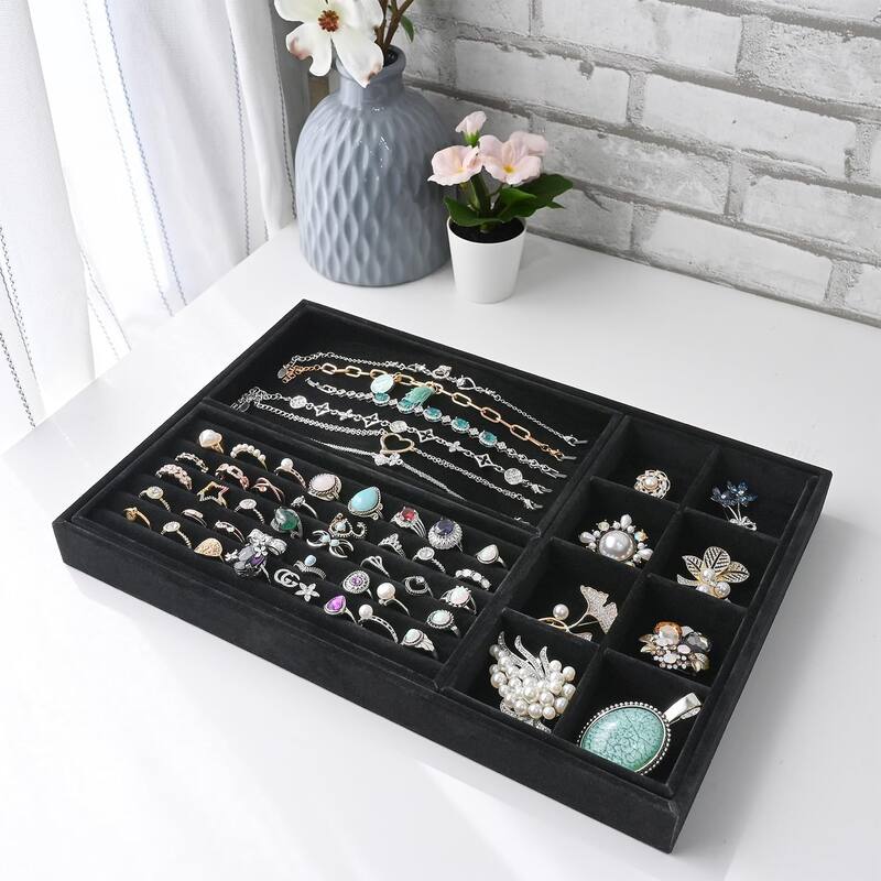 Jewelry Organizer Tray Set, Multifunctional Storage for Rings, Necklaces, Earrings, and Bracelets, Black Velvet - S