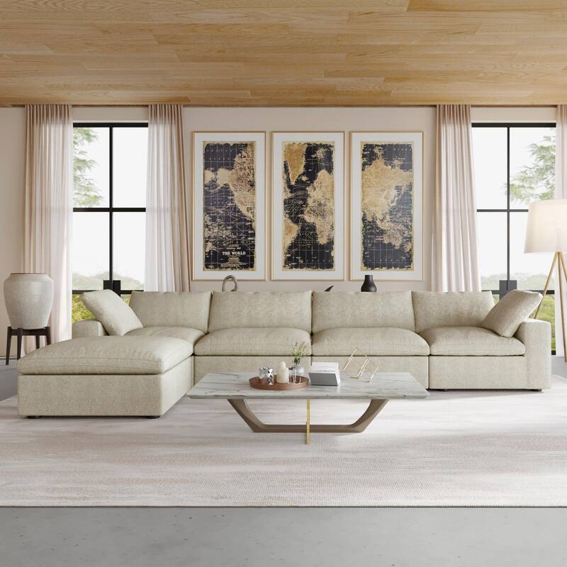 160.6" Modern Linen Sectional Sofa，4-seater Modular Couch with Storage Ottoman for Living Room. - Khaki