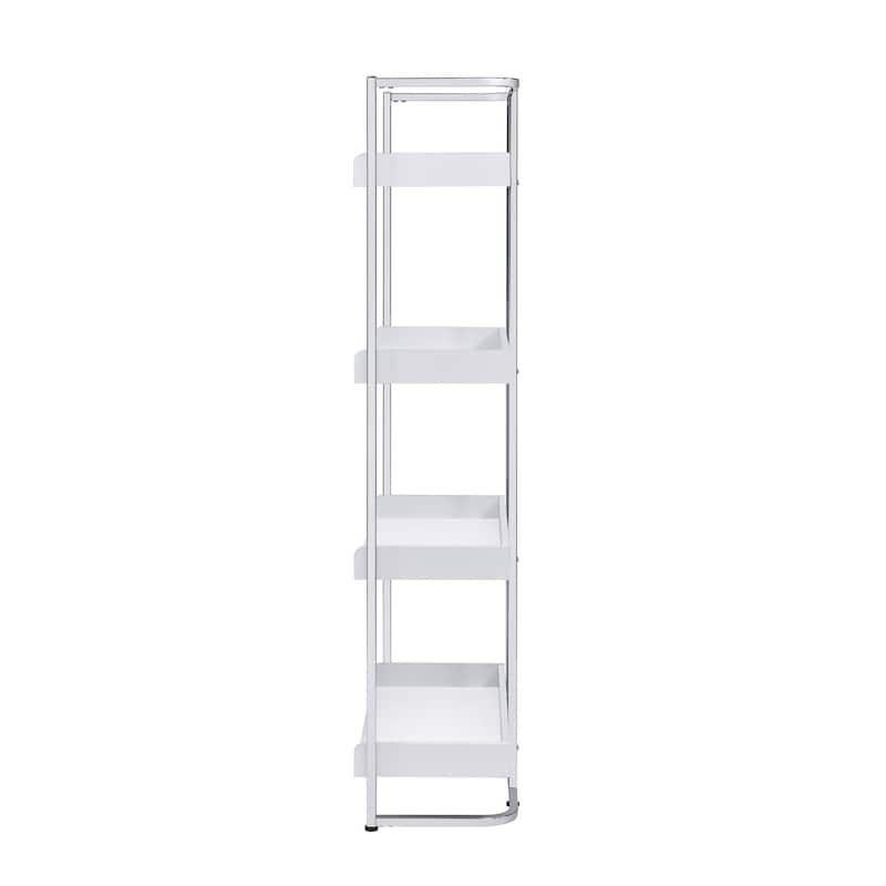 68 Inch Modern Bookcase, 4 Glossy White Tray Shelves, Chrome Steel Frame