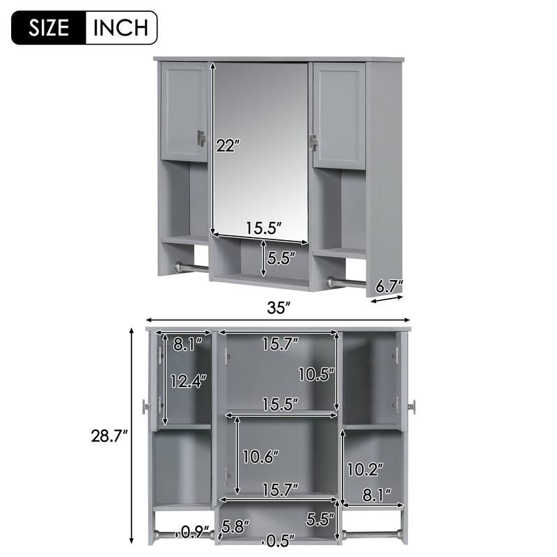 Grondin Modern Style Bathroom Wall Mounted Medicine Cabinet with Mirror Door, Towel Bars and Open Storage Shelves