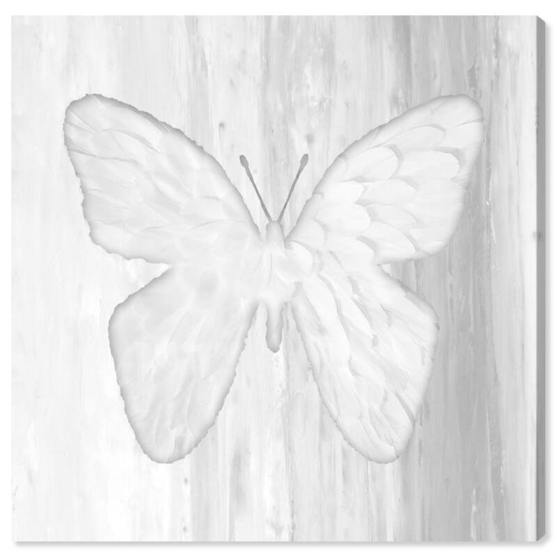 Wynwood Studio Canvas Fashion and Glam Butterfly and White Feathers White and Gray Modern & Contemporary Wall Art Canvas Print