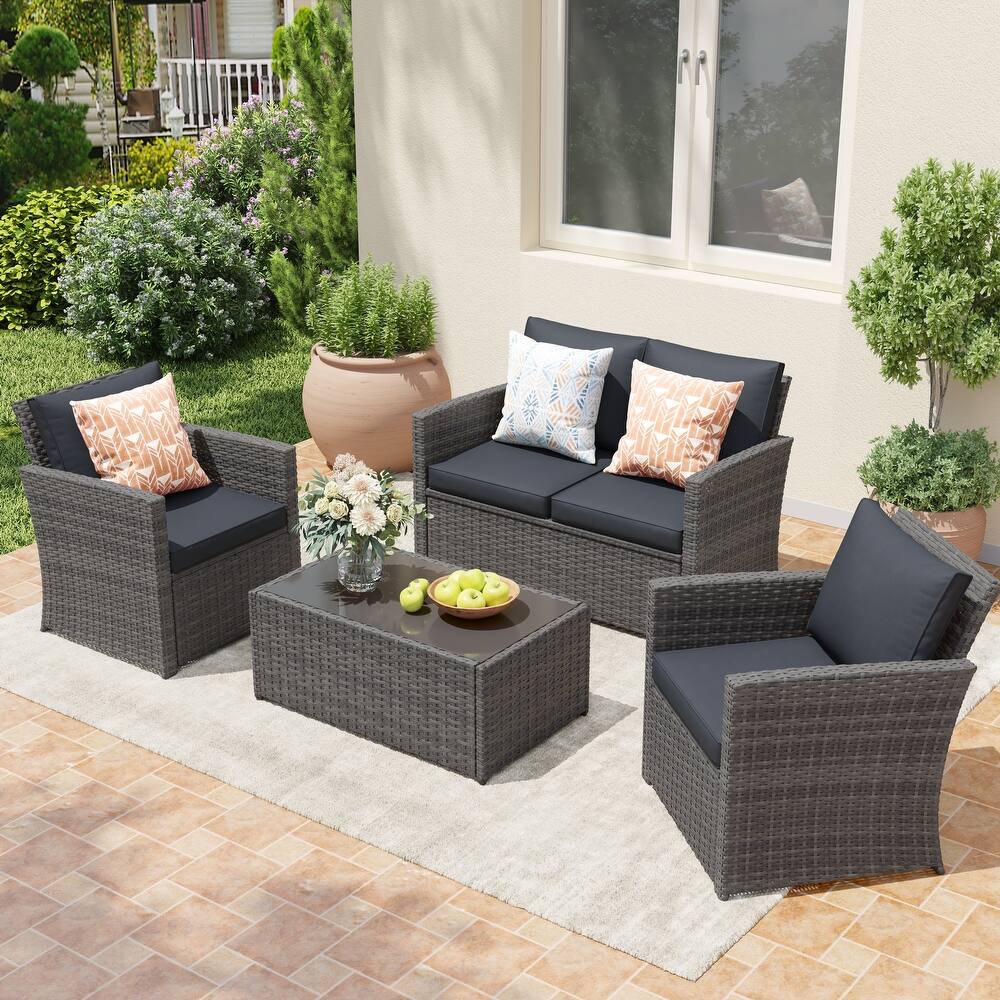 4 Person Patio Rattan Conversation Set with Grey Cushions Outdoor Tempered Glass Table