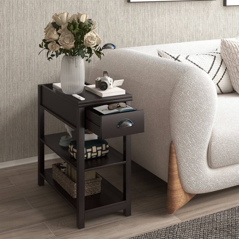 Narrow Sided Table with Drawers and Bottom Partition in Flip Over Design - Black