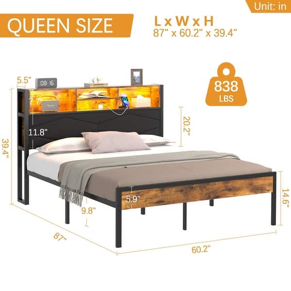 dimension image slide 1 of 3, VECELO PU Leather Smart Bed Frame with RGB LED Lights and Bookcase Storage USB Outlet Charging Headboard No Box Spring