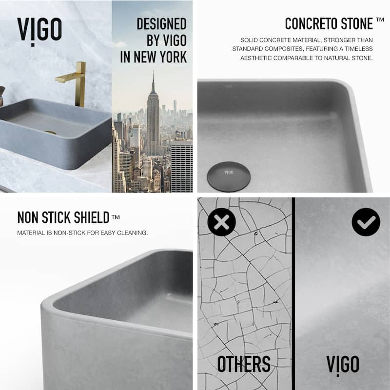 VIGO Segovia 16"L x 12"W x 4"H Concreto Stone Rectangular Bathroom Vessel Sink