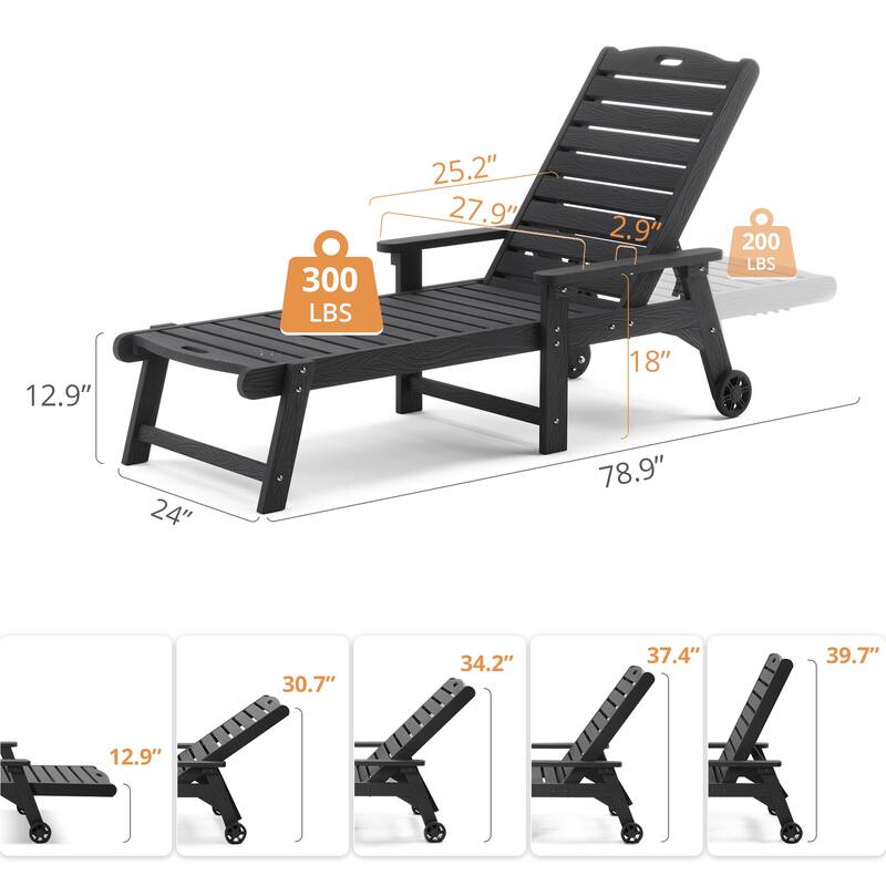 Outdoor Adjustable Wheeled Chaise Lounge Chairs with Arms for Patio, Deck, Backyard - 78.9"L x 24"W x 39.7"H