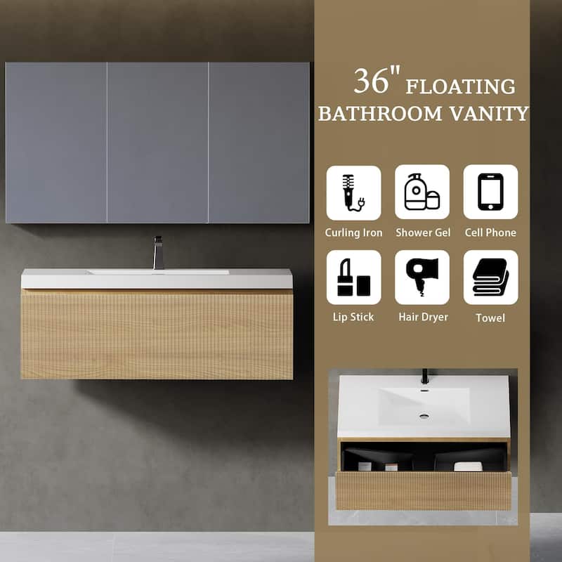 24"/30"/36"/42" Floating Bathroom Vanity Combo with Solid Surface Basin, Natural Oak Storage Cabinet, Modern Design