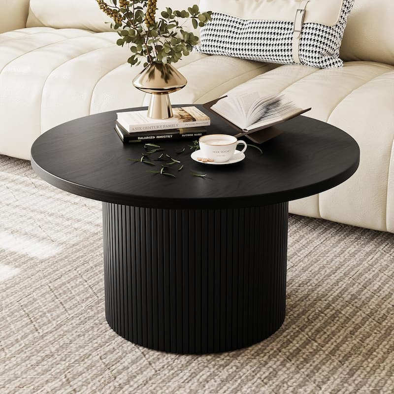 35 Inch Round Coffee Table Metal Frame Wood Top Center Table for Apartment - N/A - Black