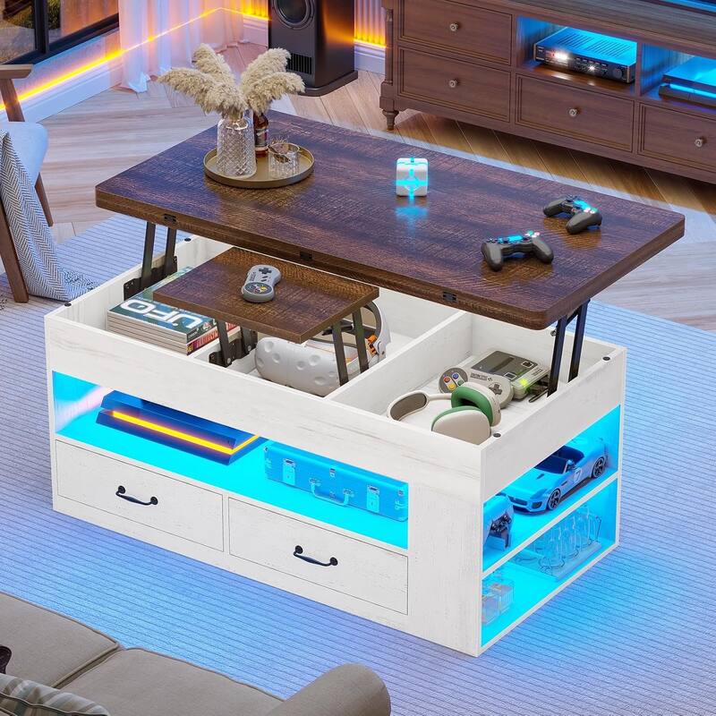 Lift Top Coffee Table Open Storage Shelf & Hidden Classified Storage - 39.4"Lift Top Coffee Table - White