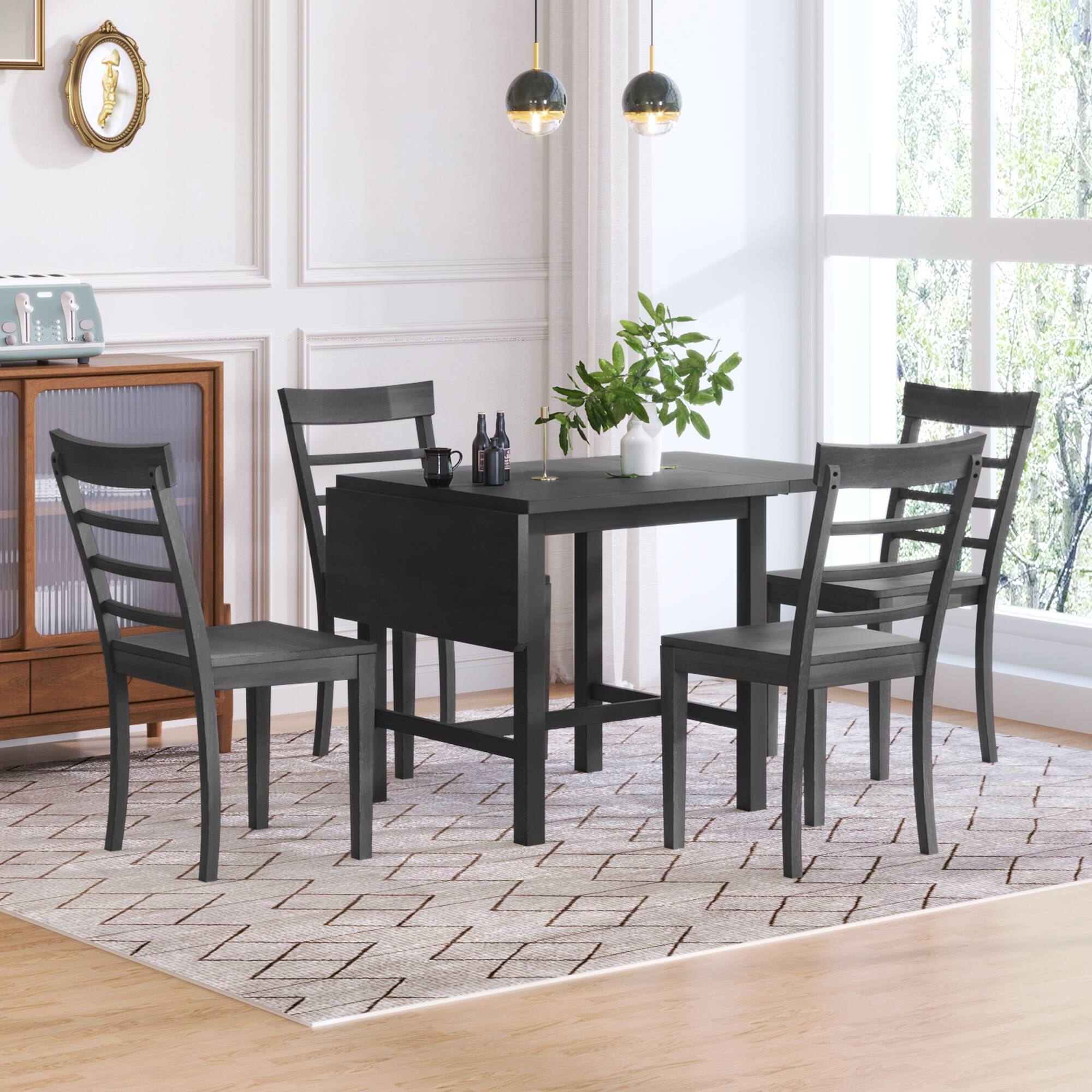 5Piece Wood Square Drop Leaf Breakfast Nook Extendable Dining Table