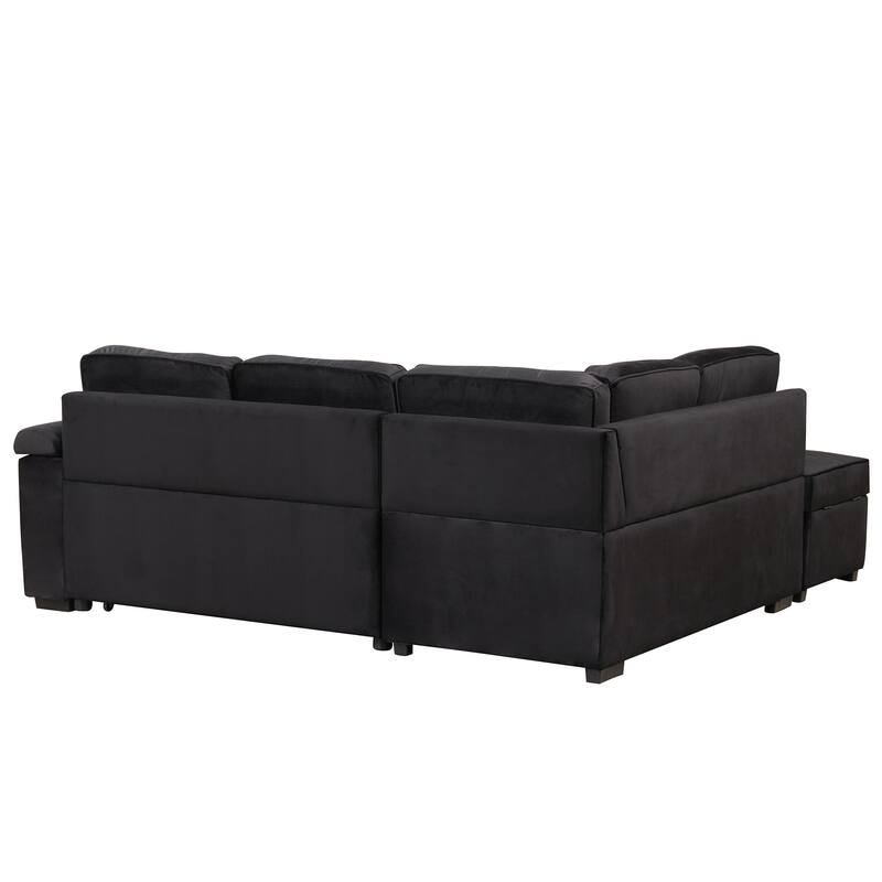L-shaped Sectional Pull Out Sofa Bed, Recliner Sofa with 2 USB Ports, 2 Power Sockets and Movable Storage Ottoman
