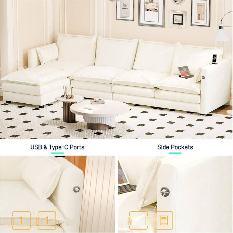 Modular Sectional Sofa L Shaped Couch, 3/4 Seat Sofa Set with Ottoman, Chenille Fabric