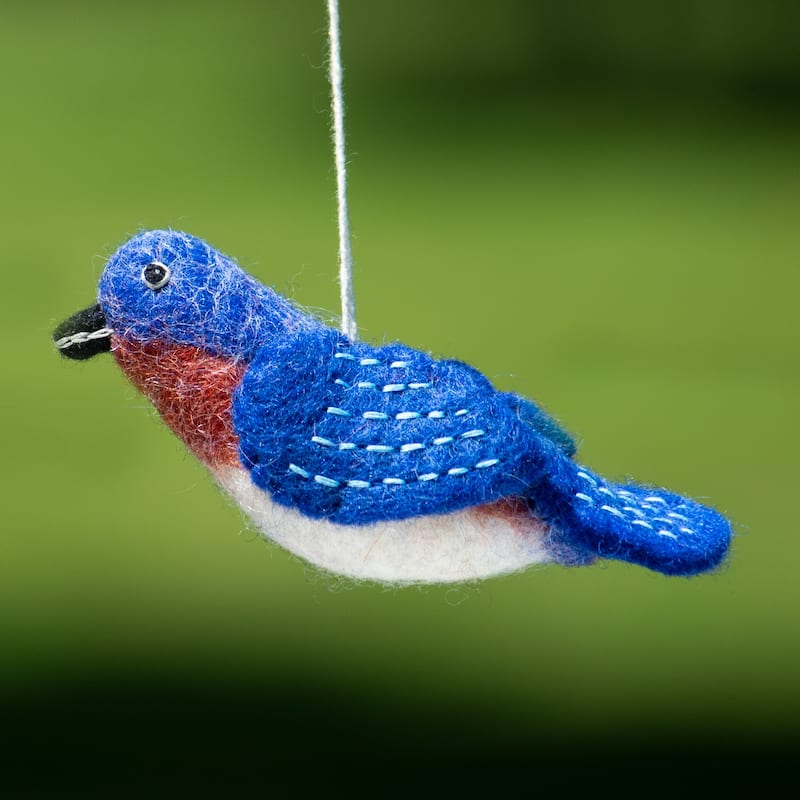Handmade Wild Woolies Felt Bird Garden Ornament - Bluebird (Nepal)