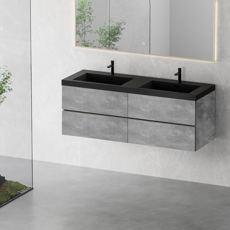 GDFStudio - Carter Floating Bathroom Vanity with Black Quartz Sand Countertops & Soft-Close Drawers