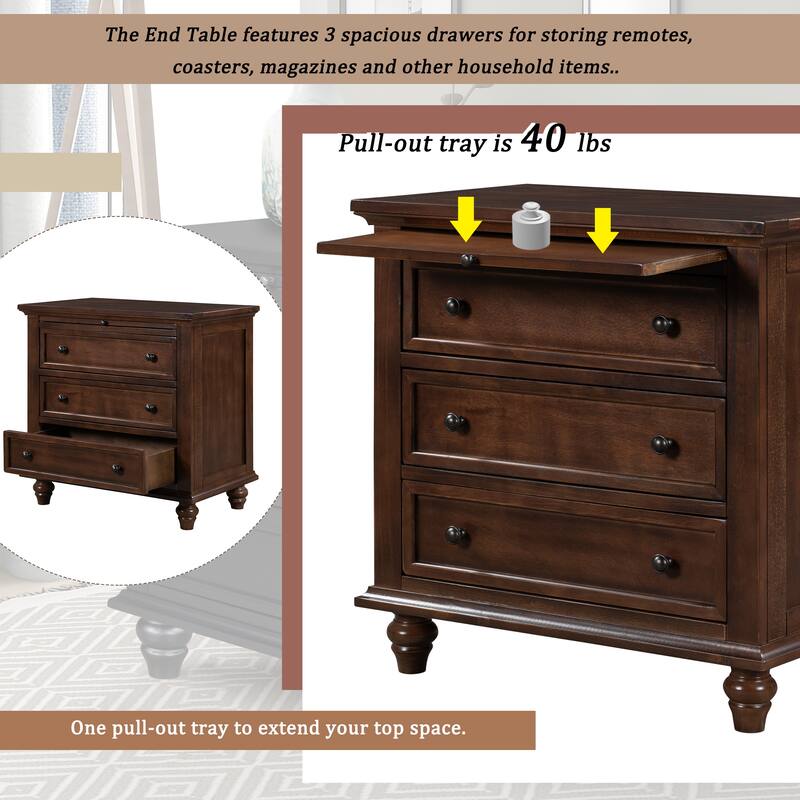 3-Drawer Storage Wood Cabinet, End Table with Pull out Tray