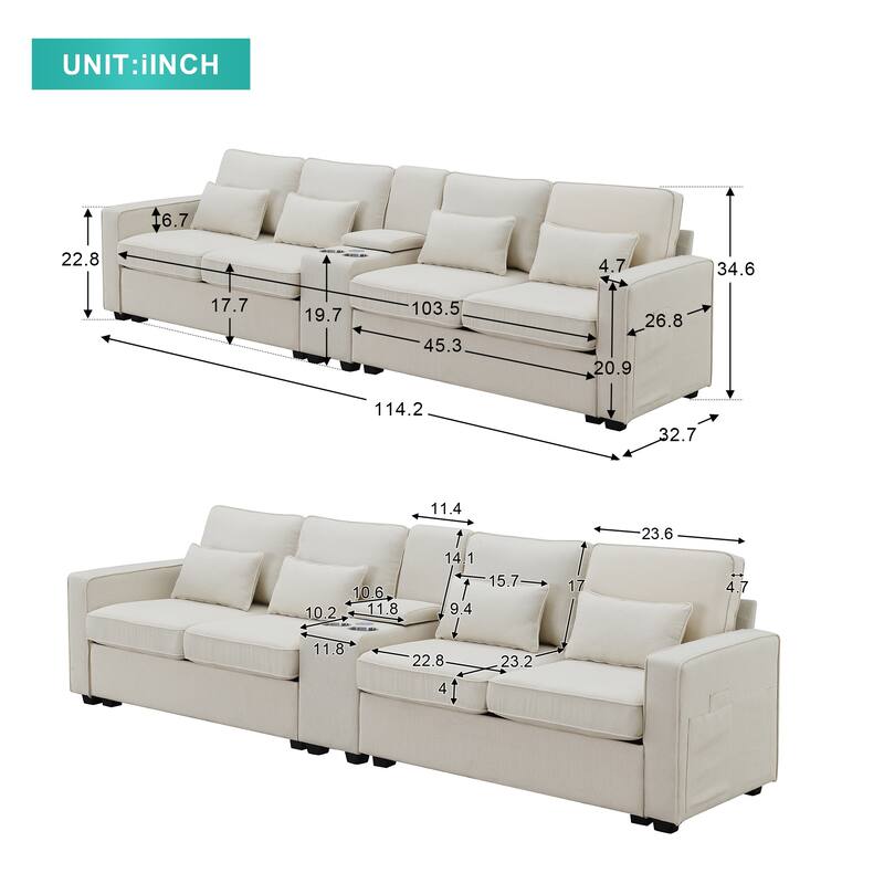 114.2" Linen Fabric Upholstered Sofa with 2 USB Ports and 2 Cupholders