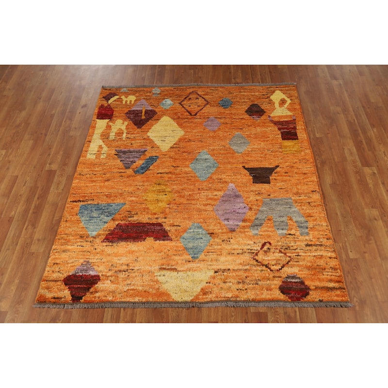 Orange Tribal Moroccan Oriental Rug Handmade Wool Carpet - 5'5" x 6'3"