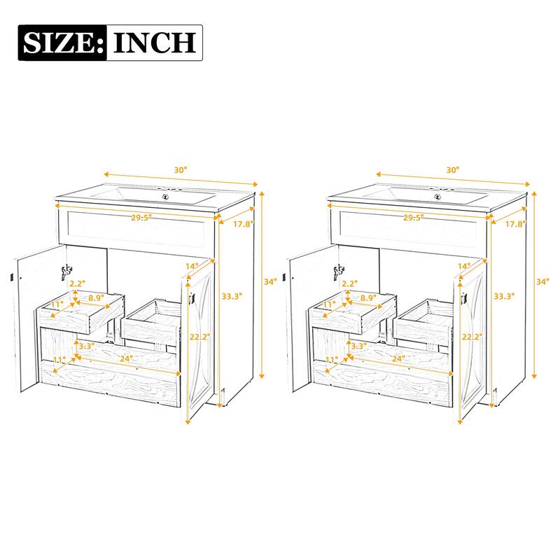 60"Bathroom Vanity with Ceramic Sink Combo, Modern Freestanding Storage Cabinet with Gold Handles, Soft Closing Doors