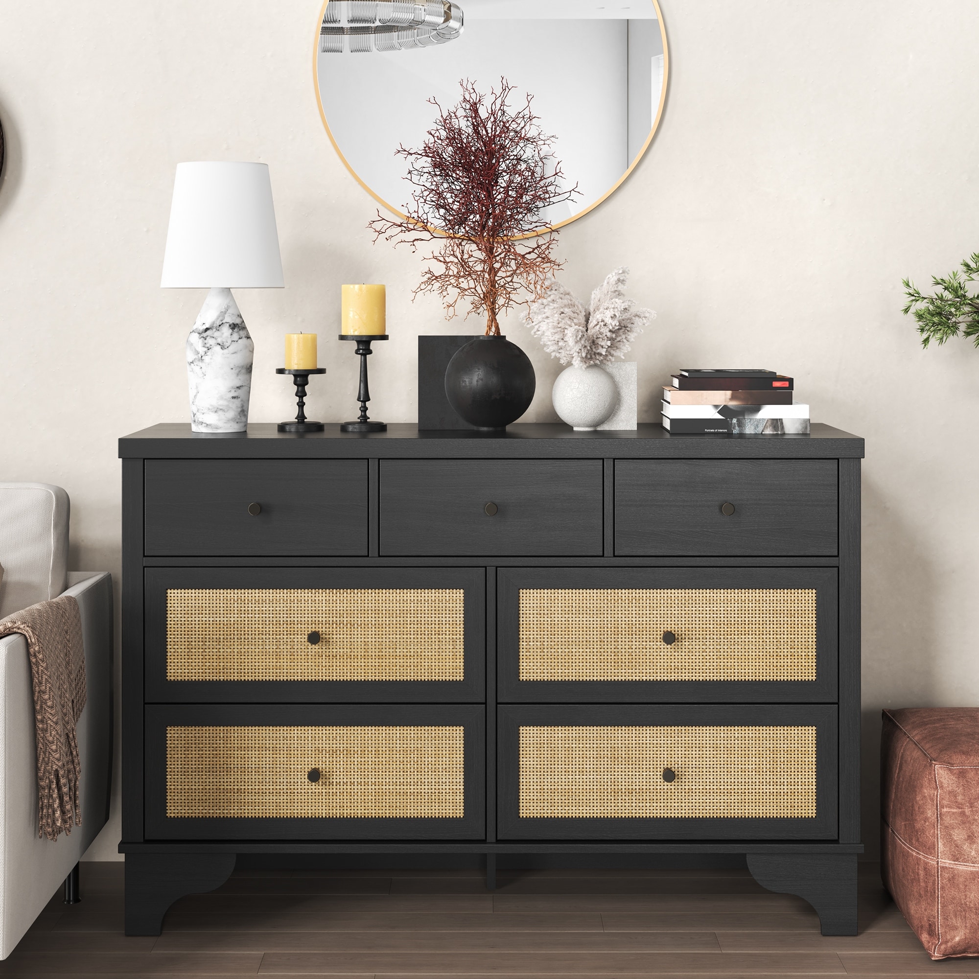 mid century boho dresser 7-Drawer Mid-Century Dresser, Rattan & Wood Storage Chest, Long TV Stand for Bedroom, Living Room or Nursery Rattan dresser
