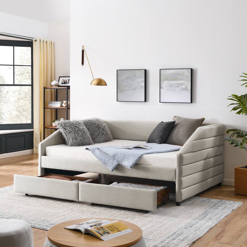 Twin/Full/Queen Size Upholstered Daybed with 2 Drawers, Linen Fabric Upholstered Sofa Bed, Wheeled Storage Daybed w/ Wood Frame