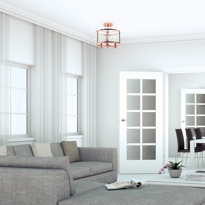 HomeStock 13" Semi-Flushmount Gold 3-Light Fixture - Iron & Glass Shade, Traditional Industrial Lighting - 12.5